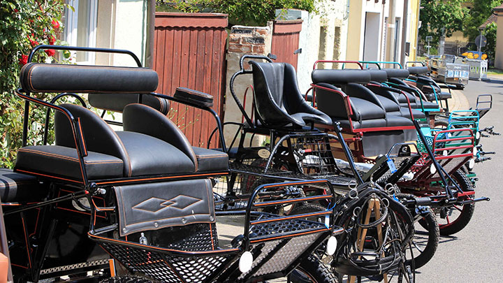 aufgereihte Kutschen in einer Straße