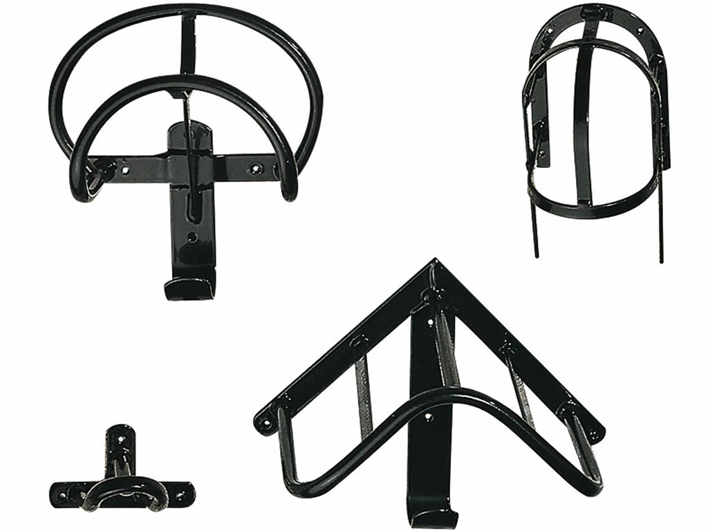 Vier verschiedene schwarze Halterungen für Geschirre