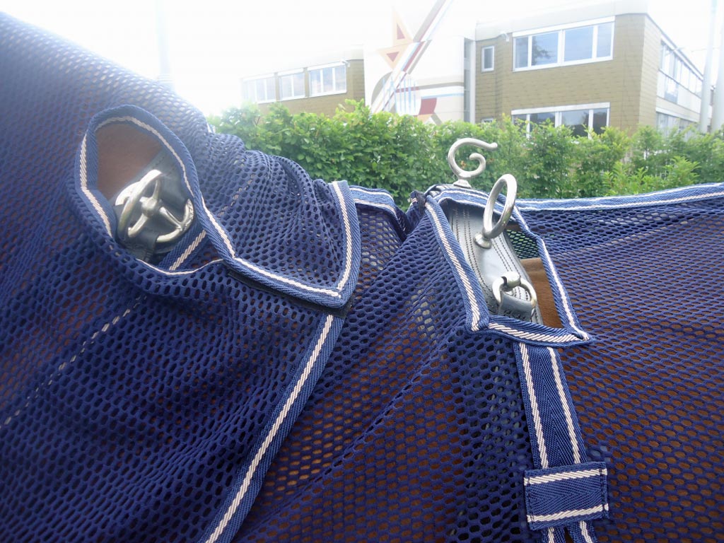 Blaue Fliegendecke mit Halsteil auf einem braunen Pferd