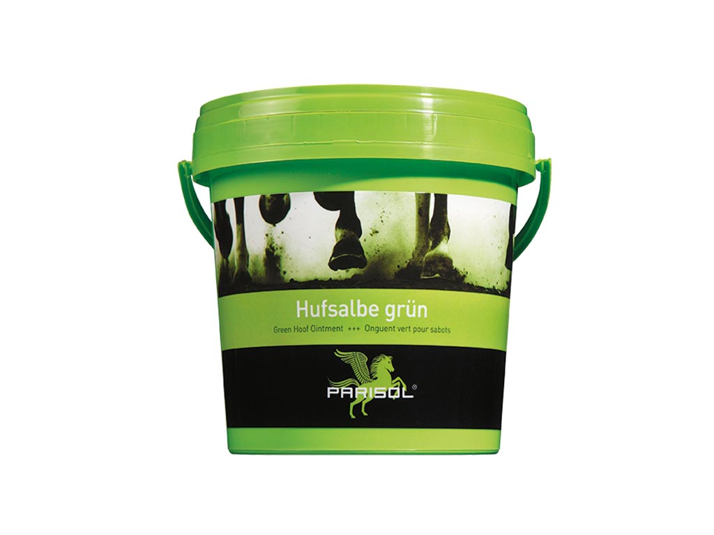 Grüner Eimer mit Aufschrift Hufsalbe