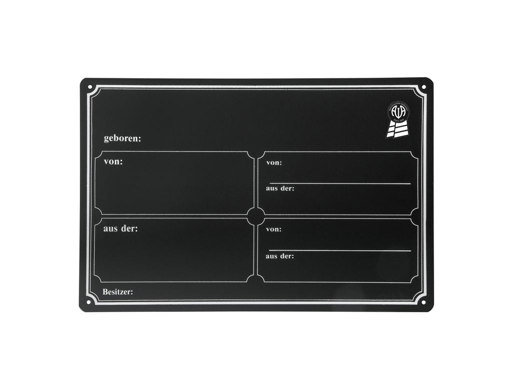 Schwarzes Boxenschild mit Brandzeichen