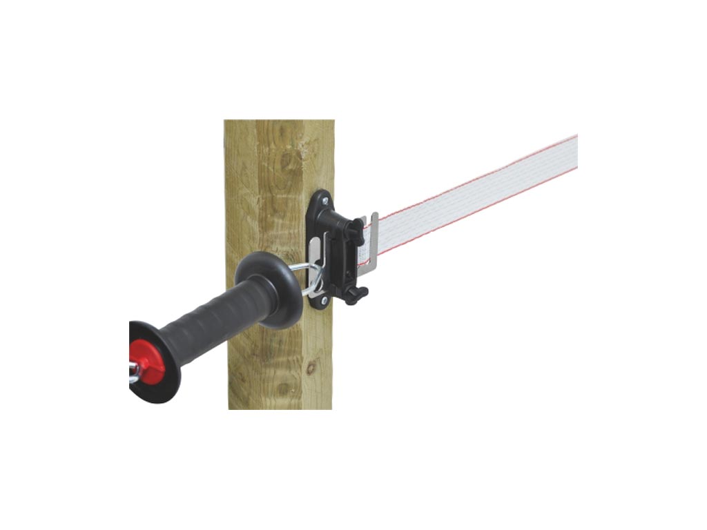 Schwarzer Profi Bandtorgriffisolator am Weidezaunband